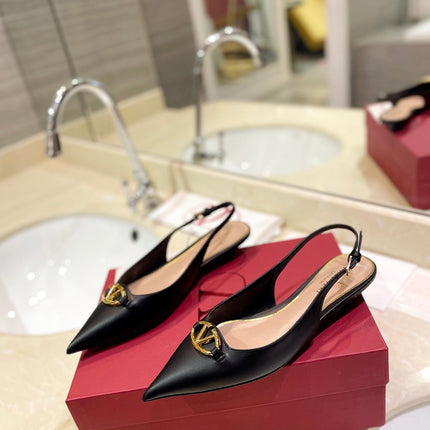 VALENTINO 26S POINTED TOE FLAT SLINGBACKS IN BLACK CALFSKIN