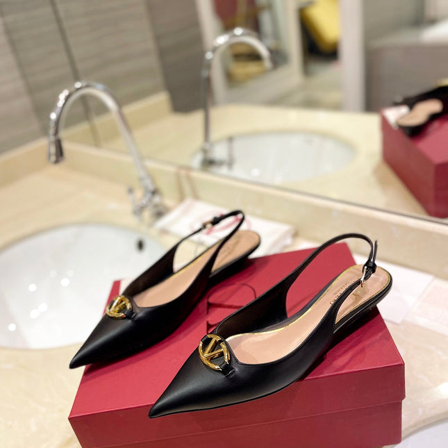 VALENTINO 26S POINTED TOE FLAT SLINGBACKS IN BLACK CALFSKIN