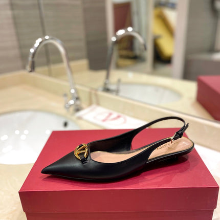 VALENTINO 26S POINTED TOE FLAT SLINGBACKS IN BLACK CALFSKIN