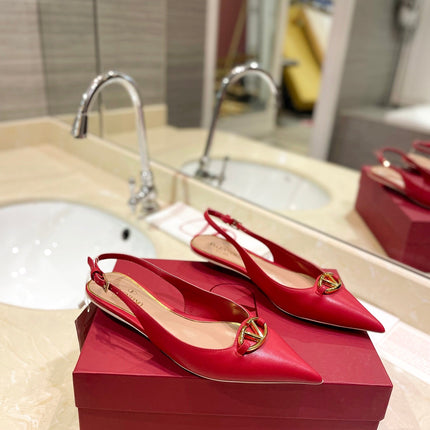 VALENTINO 26S POINTED TOE FLAT SLINGBACKS IN RED CALFSKIN