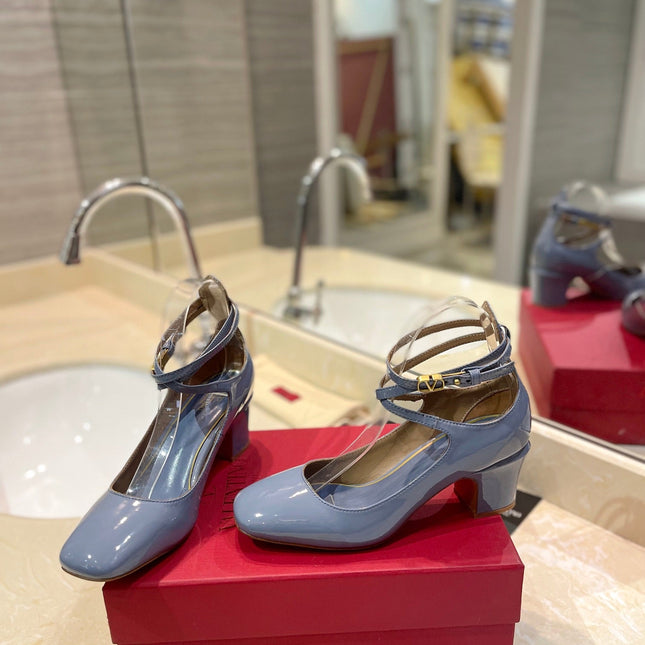 VALENTINO 26S ANKLE STRAP PUMPS 60 MM IN PASTEL BLUE PATENT CALFSKIN