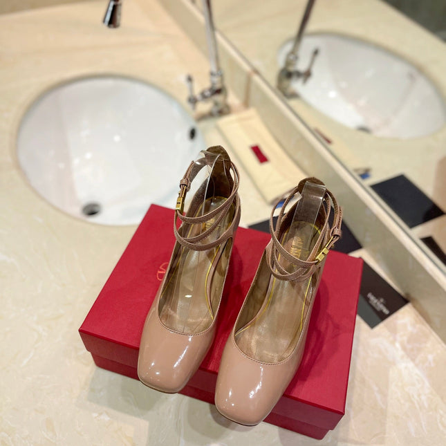 VALENTINO 26S ANKLE STRAP PUMPS 60 MM IN BEIGE PATENT CALFSKIN