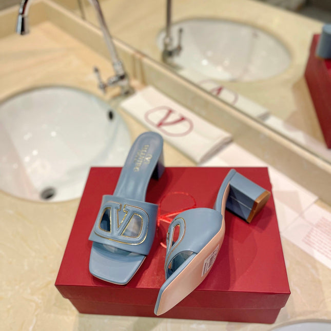 VALENTINO 26S BLOCK-HEEL SANDALS 65 MM IN PASTEL BLUE CALFSKIN WITH LOGO