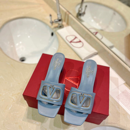 VALENTINO 26S BLOCK-HEEL SANDALS 65 MM IN PASTEL BLUE CALFSKIN WITH LOGO