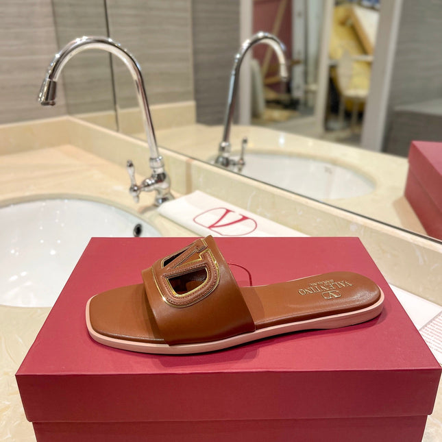 VALENTINO 26S SLIDES IN BROWN CALFSKIN WITH LOGO