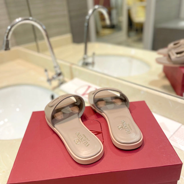 VALENTINO 26S SLIDES IN GREYISH BEIGE CALFSKIN WITH LOGO