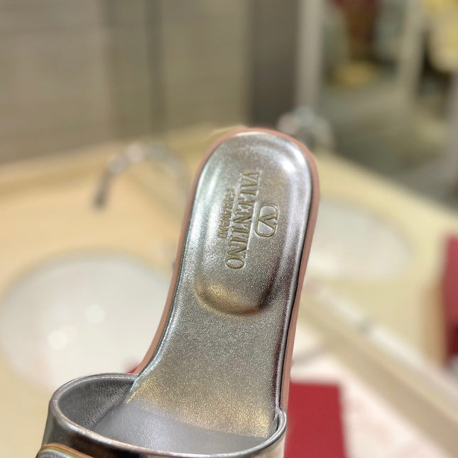 VALENTINO 26S SLIDES IN SILVER CALFSKIN WITH LOGO