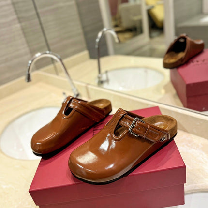 VALENTINO 26S FLAT MULES IN BROWN PATENT CALFSKIN