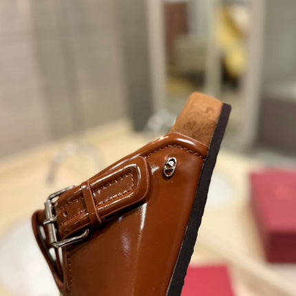 VALENTINO 26S FLAT MULES IN BROWN PATENT CALFSKIN