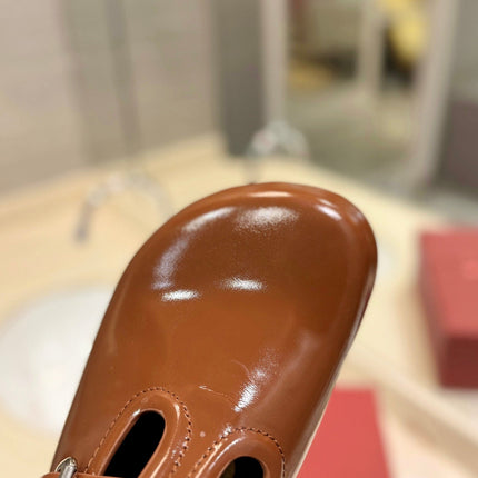 VALENTINO 26S FLAT MULES IN BROWN PATENT CALFSKIN