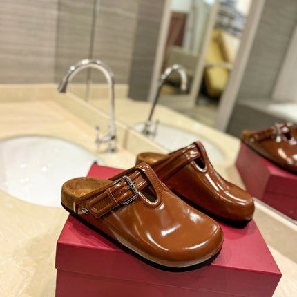 VALENTINO 26S FLAT MULES IN BROWN PATENT CALFSKIN