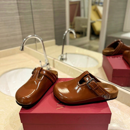 VALENTINO 26S FLAT MULES IN BROWN PATENT CALFSKIN