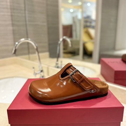 VALENTINO 26S FLAT MULES IN BROWN PATENT CALFSKIN