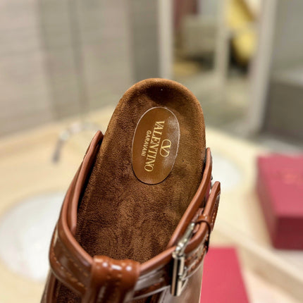 VALENTINO 26S FLAT MULES IN BROWN PATENT CALFSKIN