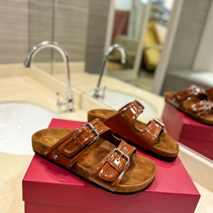 VALENTINO 26S FOOTBED SANDALS IN BROWN GLOSSY LEATHER MIX SUEDE