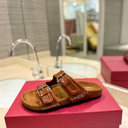 VALENTINO 26S FOOTBED SANDALS IN BROWN GLOSSY LEATHER MIX SUEDE
