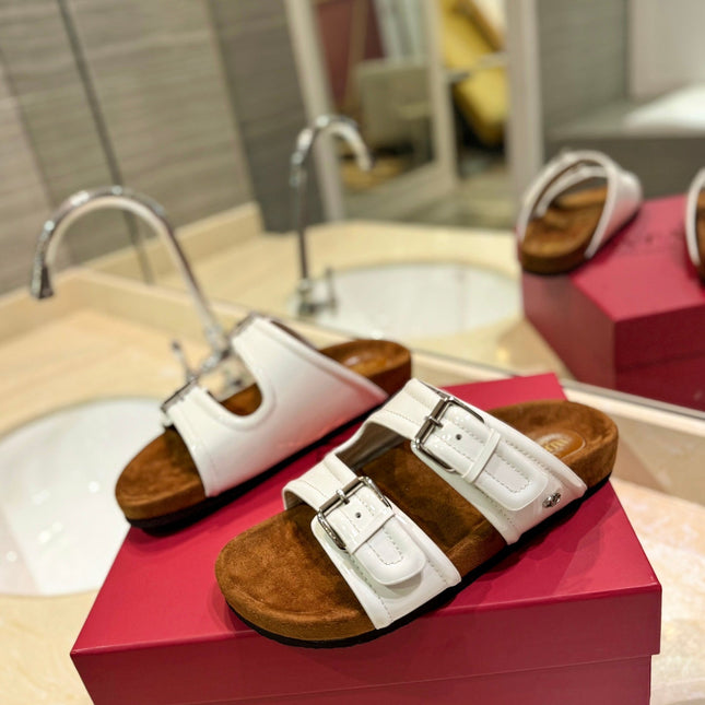 VALENTINO 26S FOOTBED SANDALS IN WHITE GLOSSY LEATHER MIX BROWN SUEDE