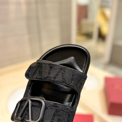 VALENTINO 26S VELCRO SANDALS IN BLACK JACQUARD FABRIC AND LEATHER WITH HARDWARE