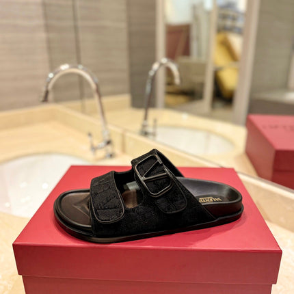 VALENTINO 26S VELCRO SANDALS IN BLACK JACQUARD FABRIC AND LEATHER WITH HARDWARE