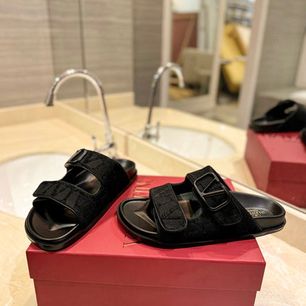 VALENTINO 26S VELCRO SANDALS IN BLACK JACQUARD FABRIC AND LEATHER WITH HARDWARE