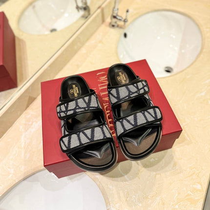 VALENTINO 26S VELCRO SANDALS IN BEIGE AND BLACK JACQUARD FABRIC