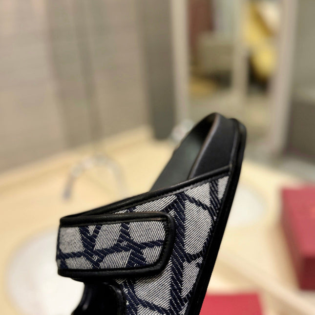 VALENTINO 26S VELCRO SANDALS IN BEIGE AND BLACK JACQUARD FABRIC