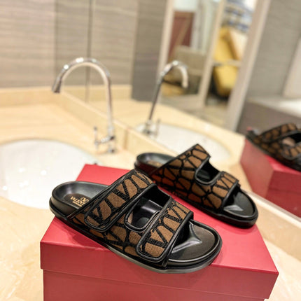 VALENTINO 26S VELCRO SANDALS IN BROWN AND BLACK JACQUARD FABRIC