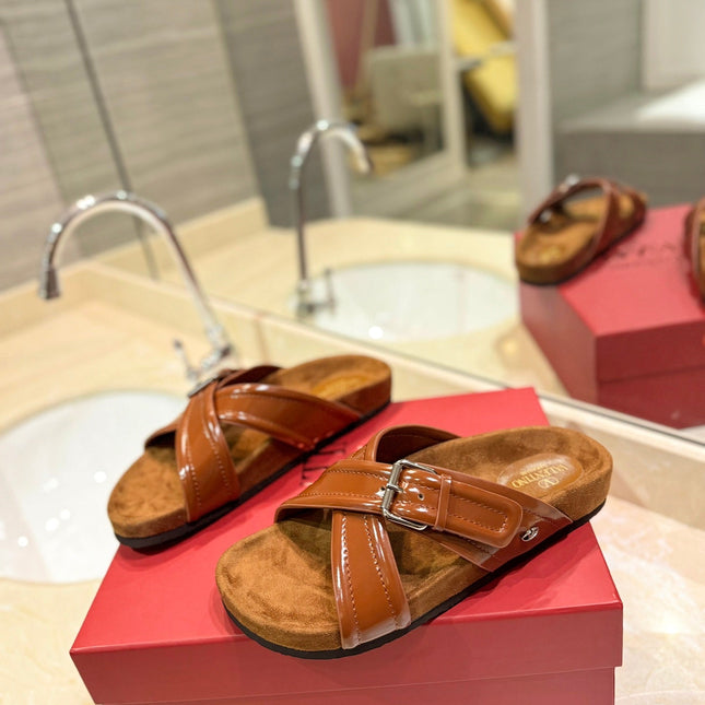 VALENTINO 26S CROSS STRAP SANDALS IN BROWN GLOSSY LEATHER AND SUEDE