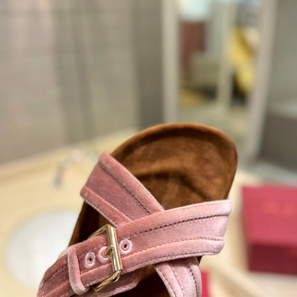 VALENTINO 26S CROSS STRAP SANDALS IN LIGHT PINK VELVET MIX BROWN SUEDE