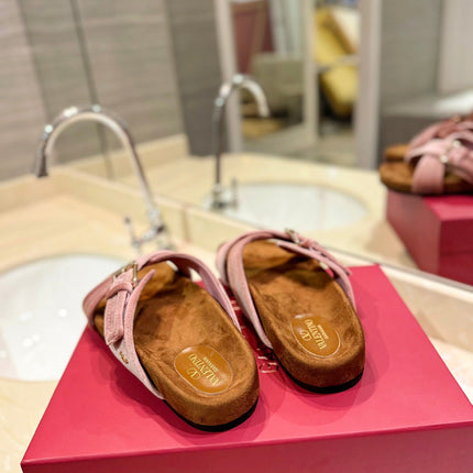 VALENTINO 26S CROSS STRAP SANDALS IN LIGHT PINK VELVET MIX BROWN SUEDE