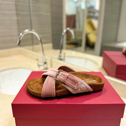VALENTINO 26S CROSS STRAP SANDALS IN LIGHT PINK VELVET MIX BROWN SUEDE