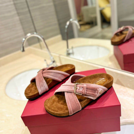 VALENTINO 26S CROSS STRAP SANDALS IN LIGHT PINK VELVET MIX BROWN SUEDE
