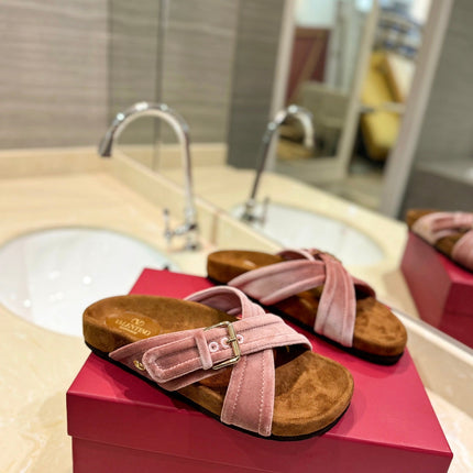 VALENTINO 26S CROSS STRAP SANDALS IN LIGHT PINK VELVET MIX BROWN SUEDE