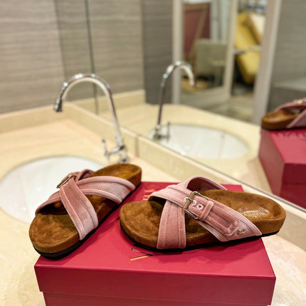 VALENTINO 26S CROSS STRAP SANDALS IN LIGHT PINK VELVET MIX BROWN SUEDE