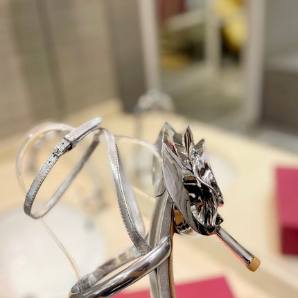 VALENTINO 26S STRAPPY HEEL SANDALS 100 MM IN SILVER CALFSKIN