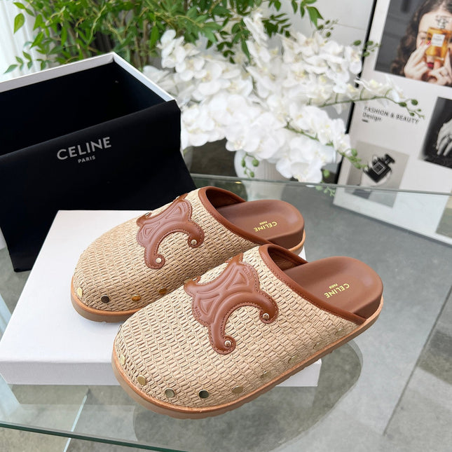 CELINE 26S TRIOMPHE MULES IN BEIGE RAFFIA AND BROWN CALFSKIN