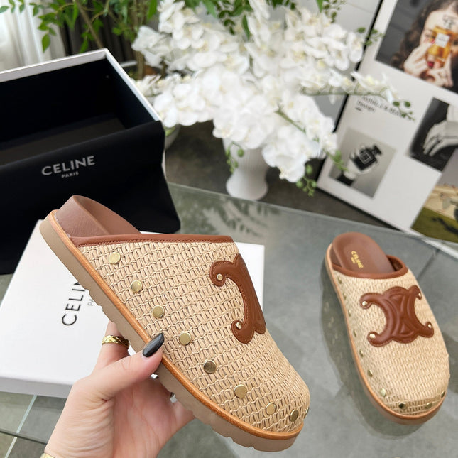CELINE 26S TRIOMPHE MULES IN BEIGE RAFFIA AND BROWN CALFSKIN