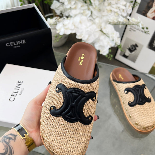 CELINE 26S TRIOMPHE MULES IN BEIGE RAFFIA AND BLACK CALFSKIN