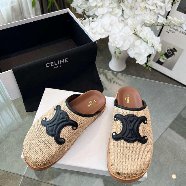 CELINE 26S TRIOMPHE MULES IN BEIGE RAFFIA AND BLACK CALFSKIN