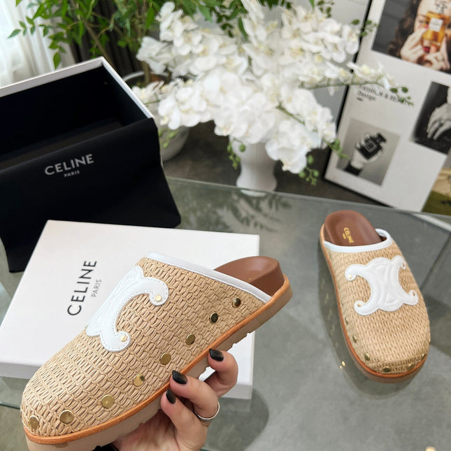 CELINE 26S TRIOMPHE MULES IN BEIGE RAFFIA AND WHITE CALFSKIN
