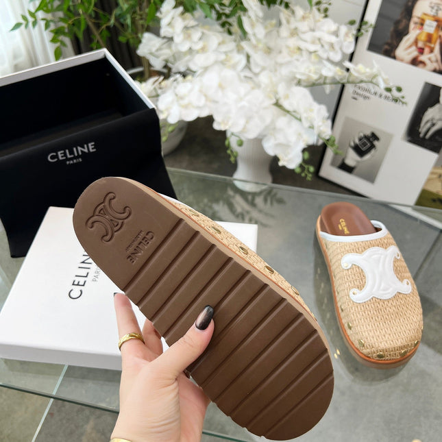 CELINE 26S TRIOMPHE MULES IN BEIGE RAFFIA AND WHITE CALFSKIN