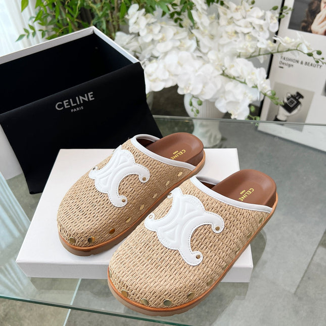 CELINE 26S TRIOMPHE MULES IN BEIGE RAFFIA AND WHITE CALFSKIN