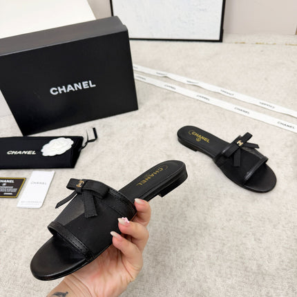 CHANEL 26S SLIDE SANDALS IN BLACK MESH AND CALFSKIN WITH RIBBON