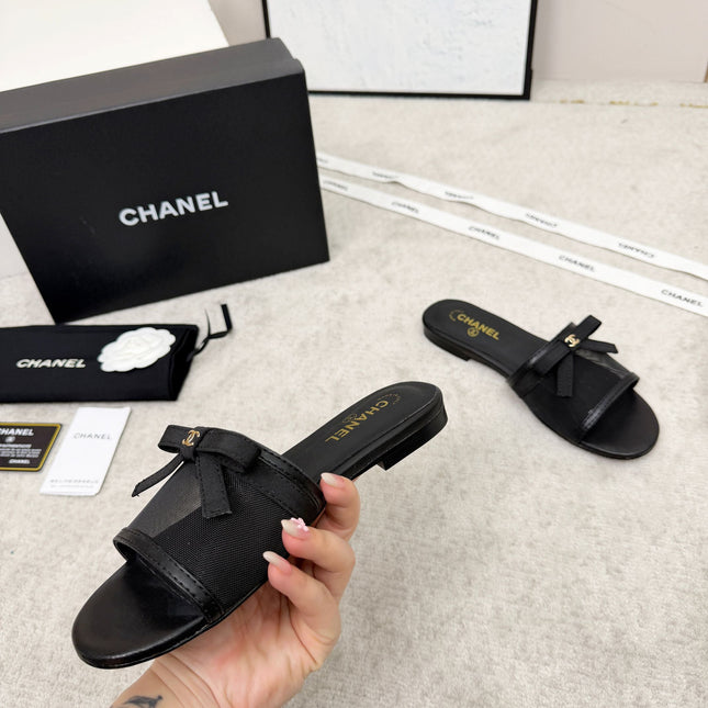 CHANEL 26S SLIDE SANDALS IN BLACK MESH AND CALFSKIN WITH RIBBON