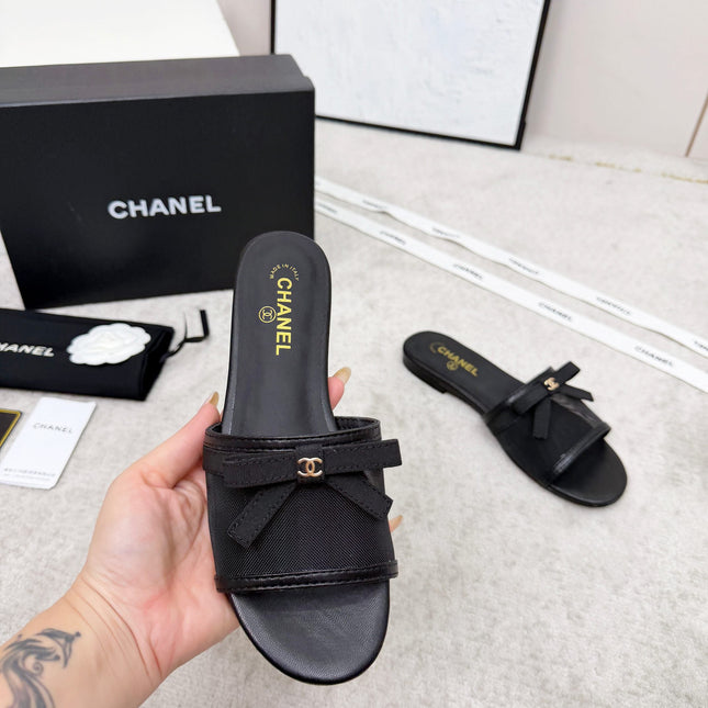 CHANEL 26S SLIDE SANDALS IN BLACK MESH AND CALFSKIN WITH RIBBON