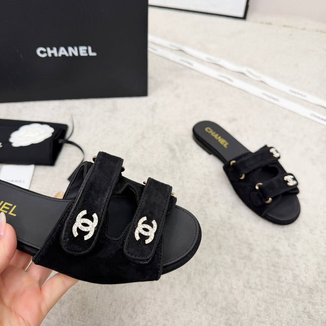 CHANEL 26S DOUBLE STRAP SLIDE SANDALS IN BLACK SUEDE AND CALFSKIN