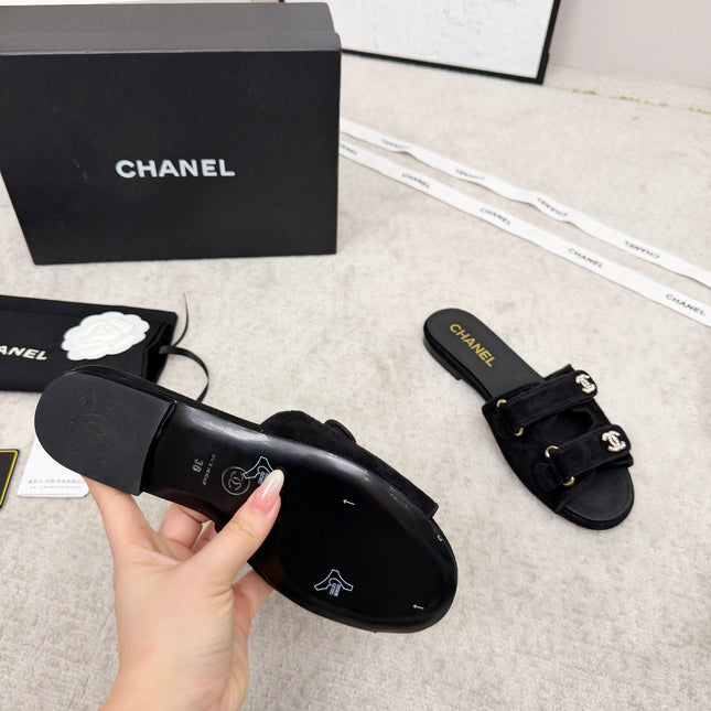 CHANEL 26S DOUBLE STRAP SLIDE SANDALS IN BLACK SUEDE AND CALFSKIN