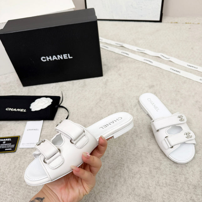 CHANEL 26S DOUBLE STRAP SLIDE SANDALS IN WHITE CALFSKIN
