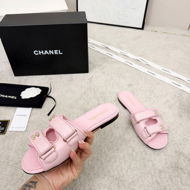CHANEL 26S DOUBLE STRAP SLIDE SANDALS IN PINK CALFSKIN