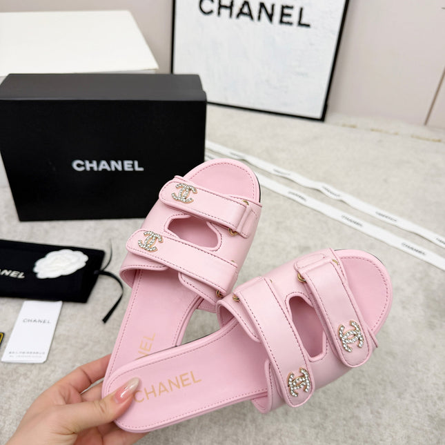 CHANEL 26S DOUBLE STRAP SLIDE SANDALS IN PINK CALFSKIN